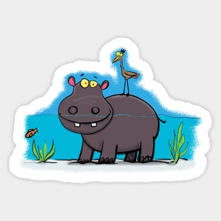 Cute hippo in the river with bird cartoon Sticker